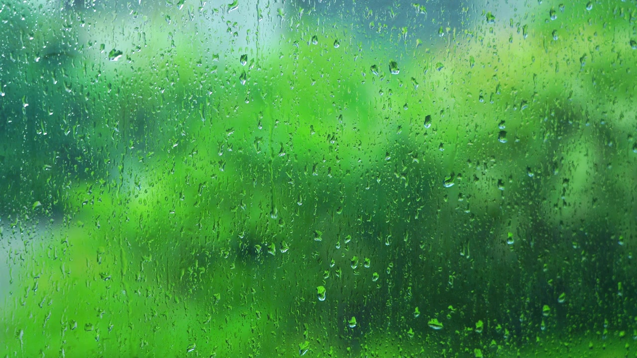 下雨天雨水落在窗户玻璃上，窗外绿色树林背景的治愈系氛围视频素材