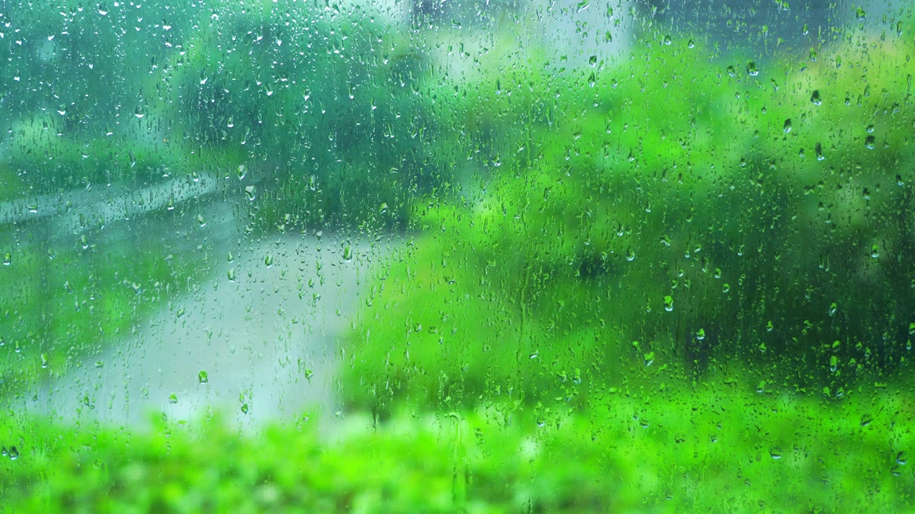 下雨天雨水落在窗户玻璃上的雨滴，窗外雨中的绿色背景视频素材