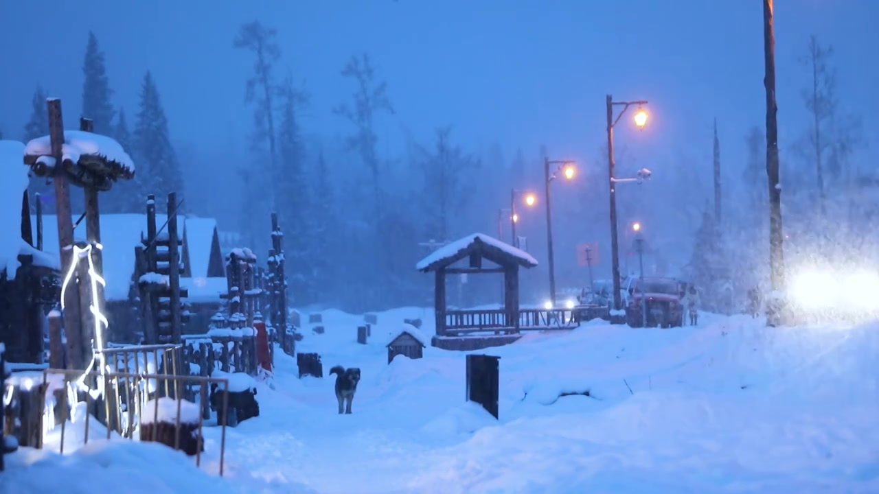 新疆喀纳斯小镇傍晚蓝调有小狗的大雪景象视频下载