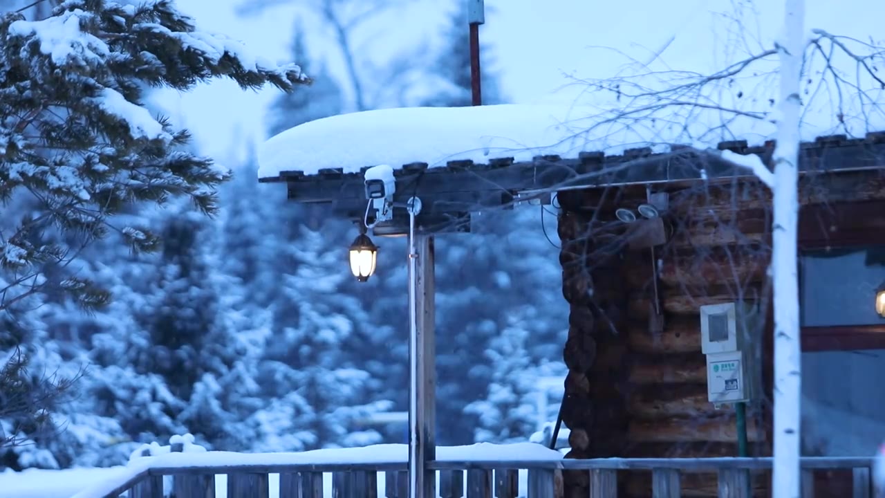 大雪里的新疆喀纳斯小镇的木屋视频素材