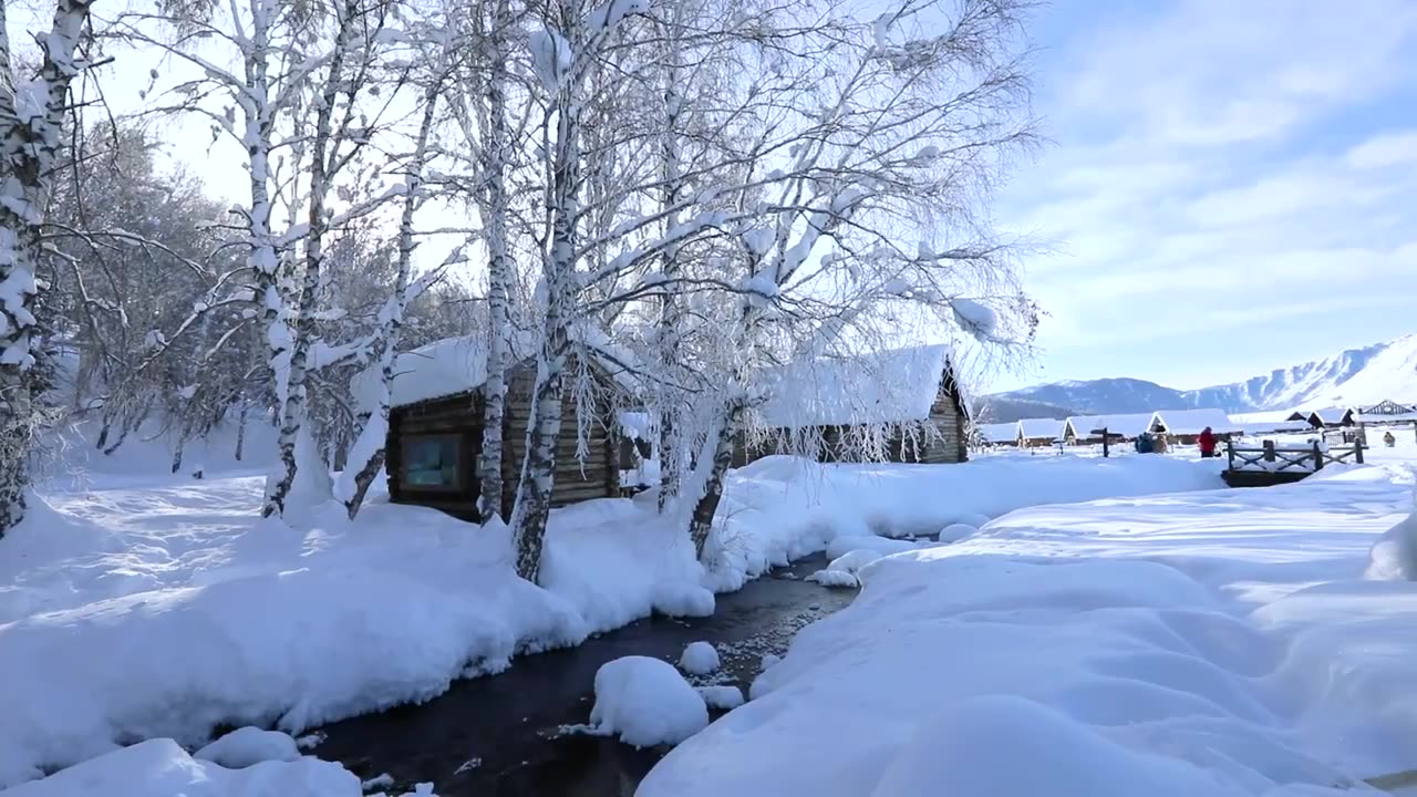 新疆禾木的雪景和河流视频下载