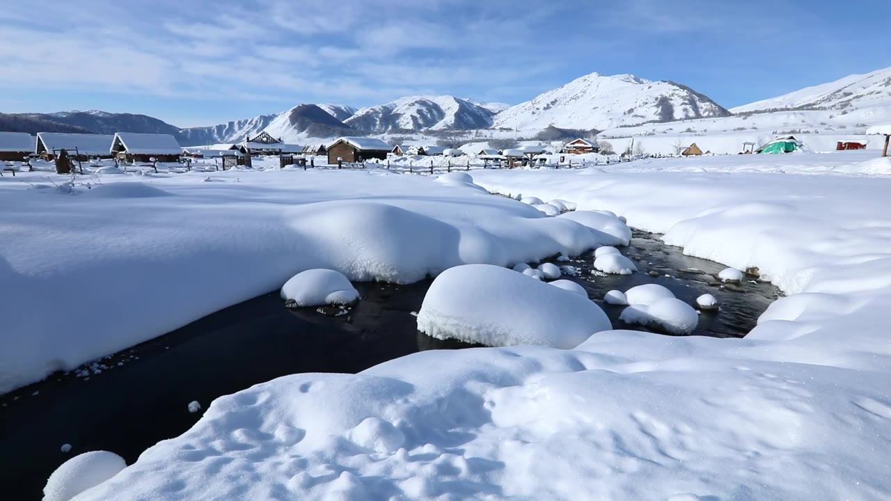 新疆禾木的雪景和河流视频素材