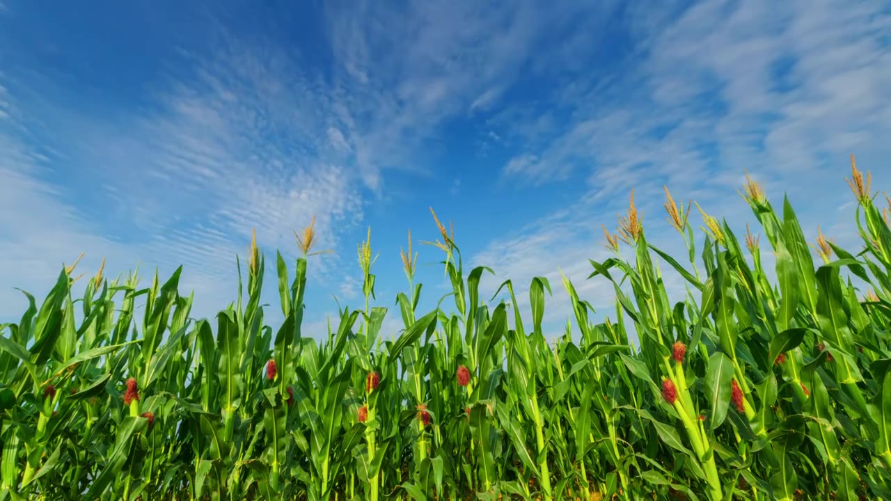 仰拍绿色的玉米地蓝天白云延时视频素材