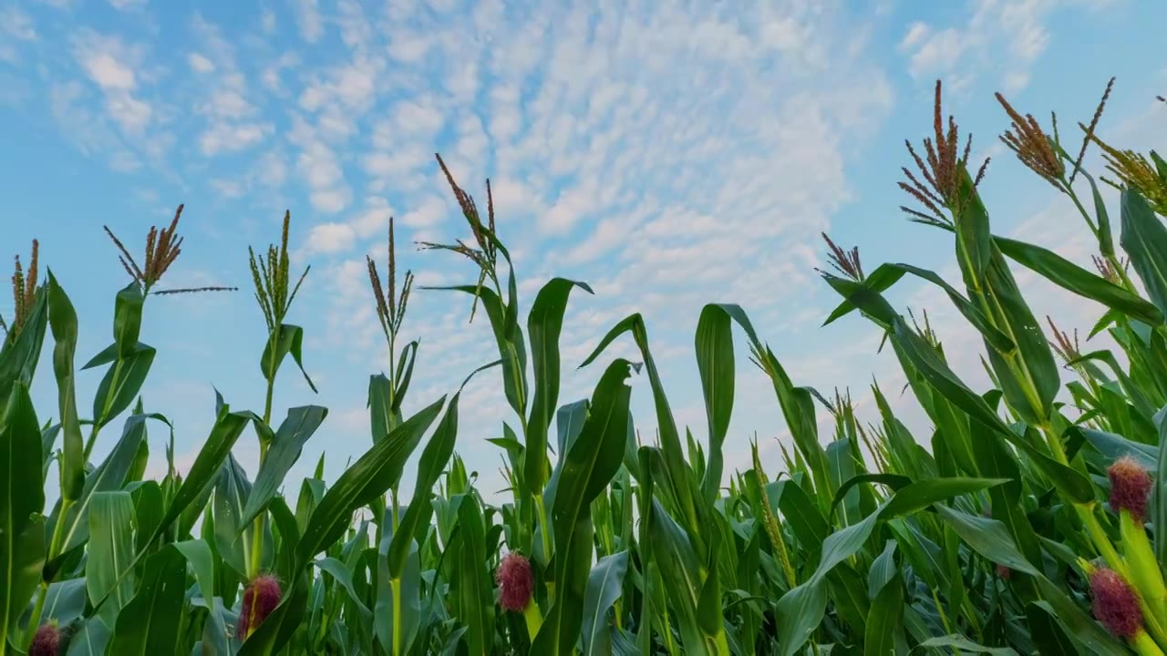 仰拍绿色的玉米地蓝天白云延时视频素材