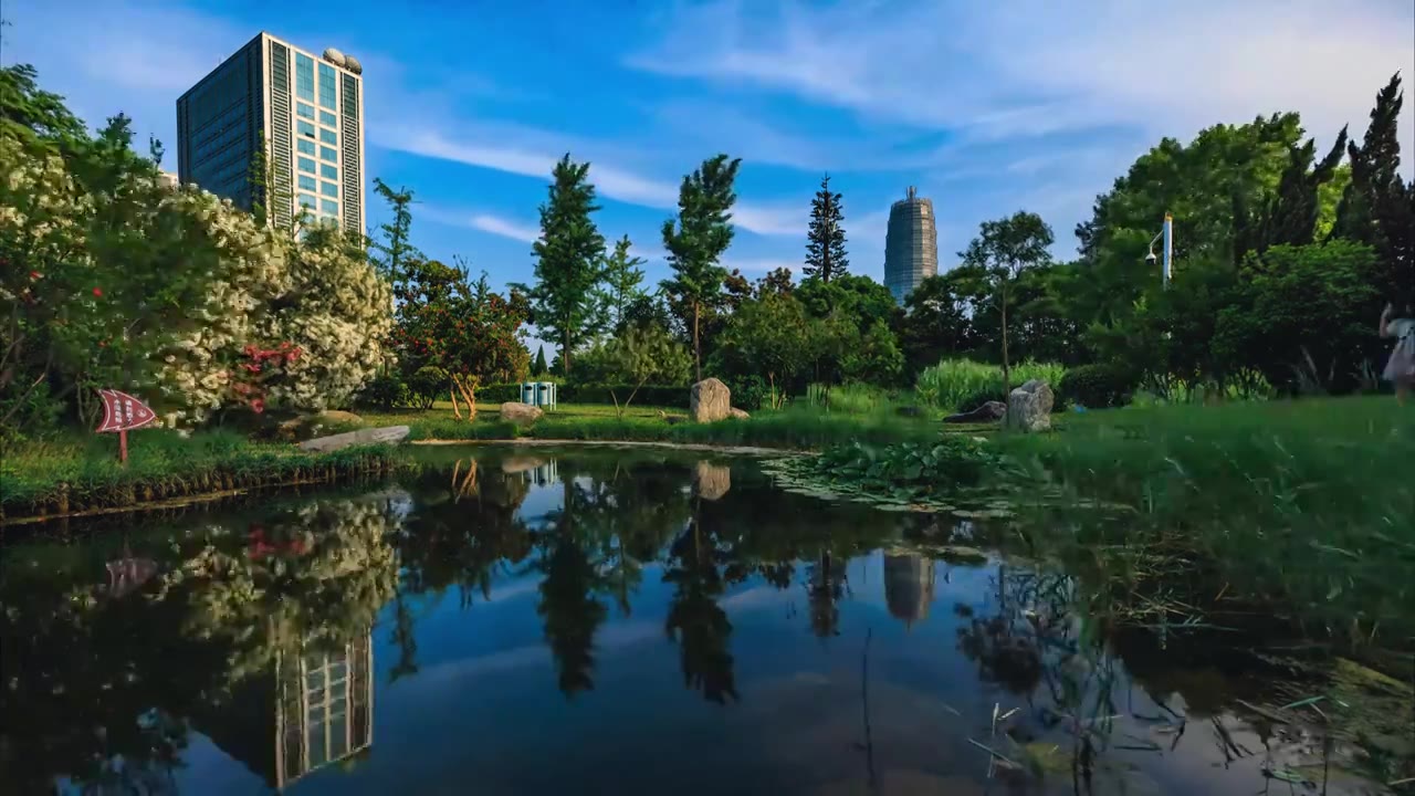 郑州郑东湿地公园拍城市天际线视频素材