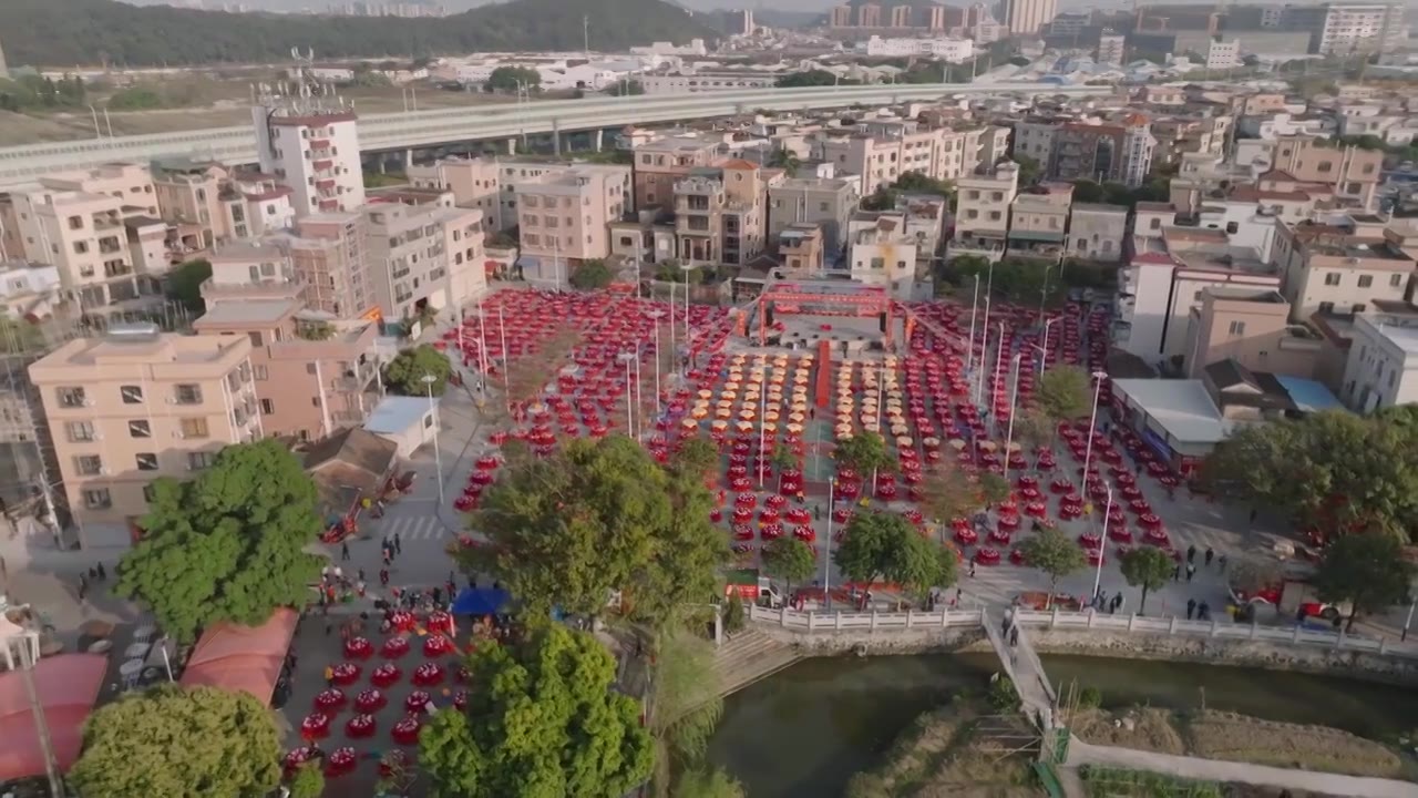 广东佛山顺德千人酒席高空航拍视频素材