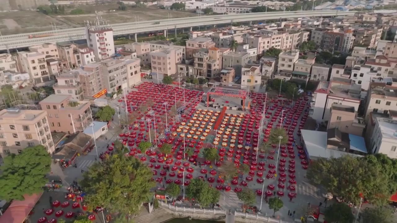 广东佛山顺德千人酒席高空航拍视频素材