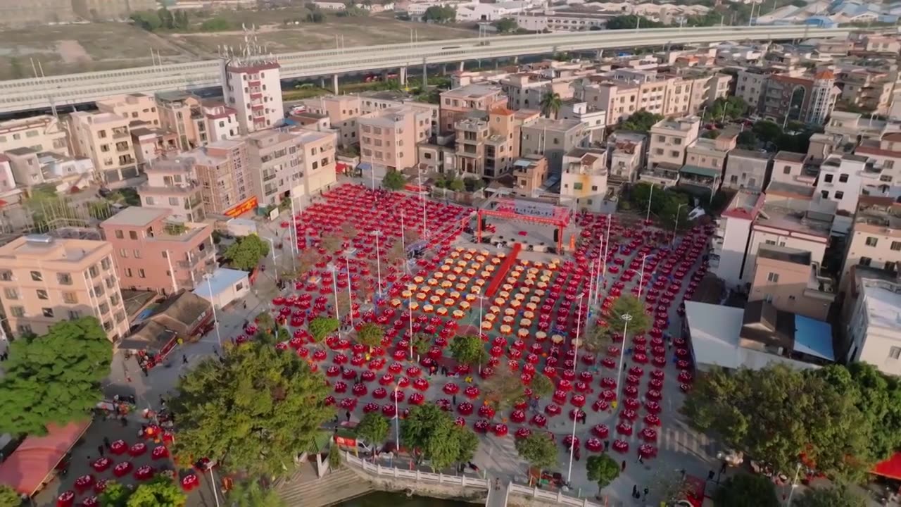 广东佛山顺德千人酒席高空航拍视频素材