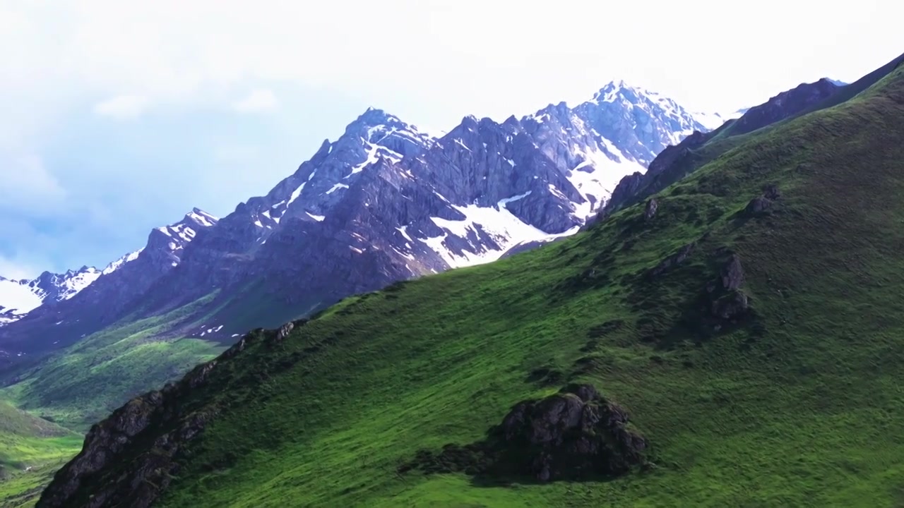 新疆伊犁伊昭公路白石峰周围草原雪山风景视频素材