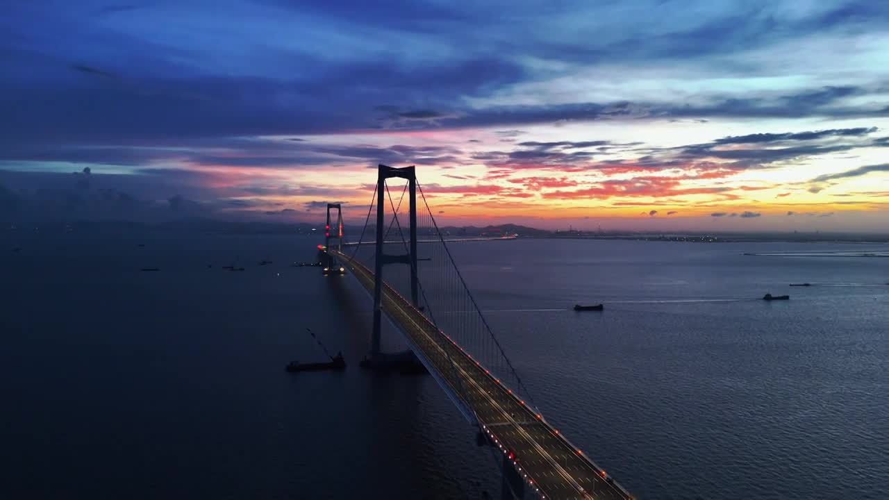 深中通道深中大桥晚霞夜景航拍全景视频下载