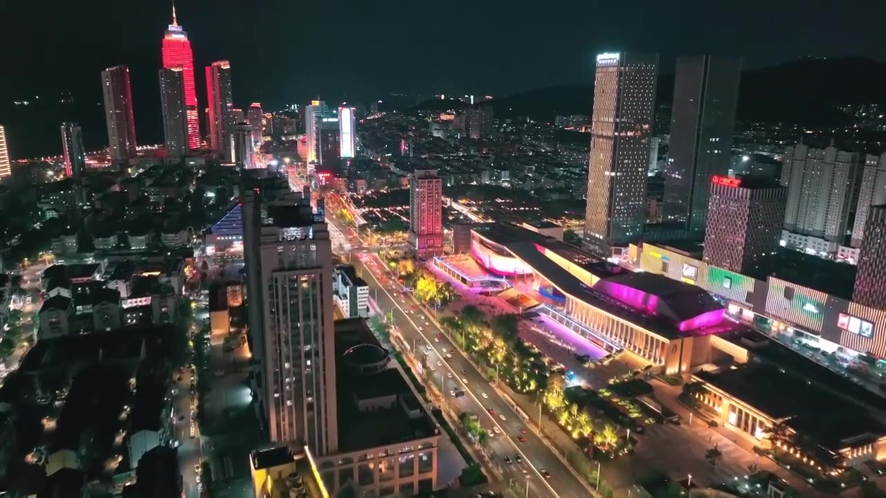 航拍烟台南大街夜景视频素材