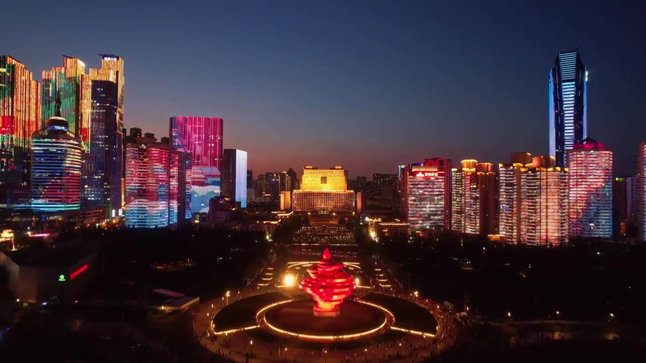 航拍中国山东省青岛市五四广场夜景灯光视频素材