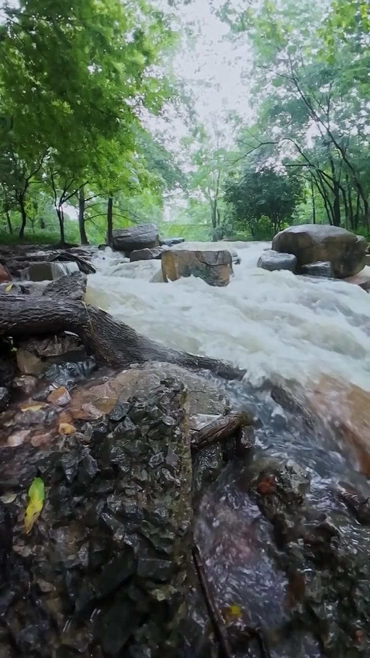 （竖屏）山里瀑布慢镜 浪花溪流 雨水 流动 冲击 冲撞 礁石 夏天 山洪暴发 洪水视频素材