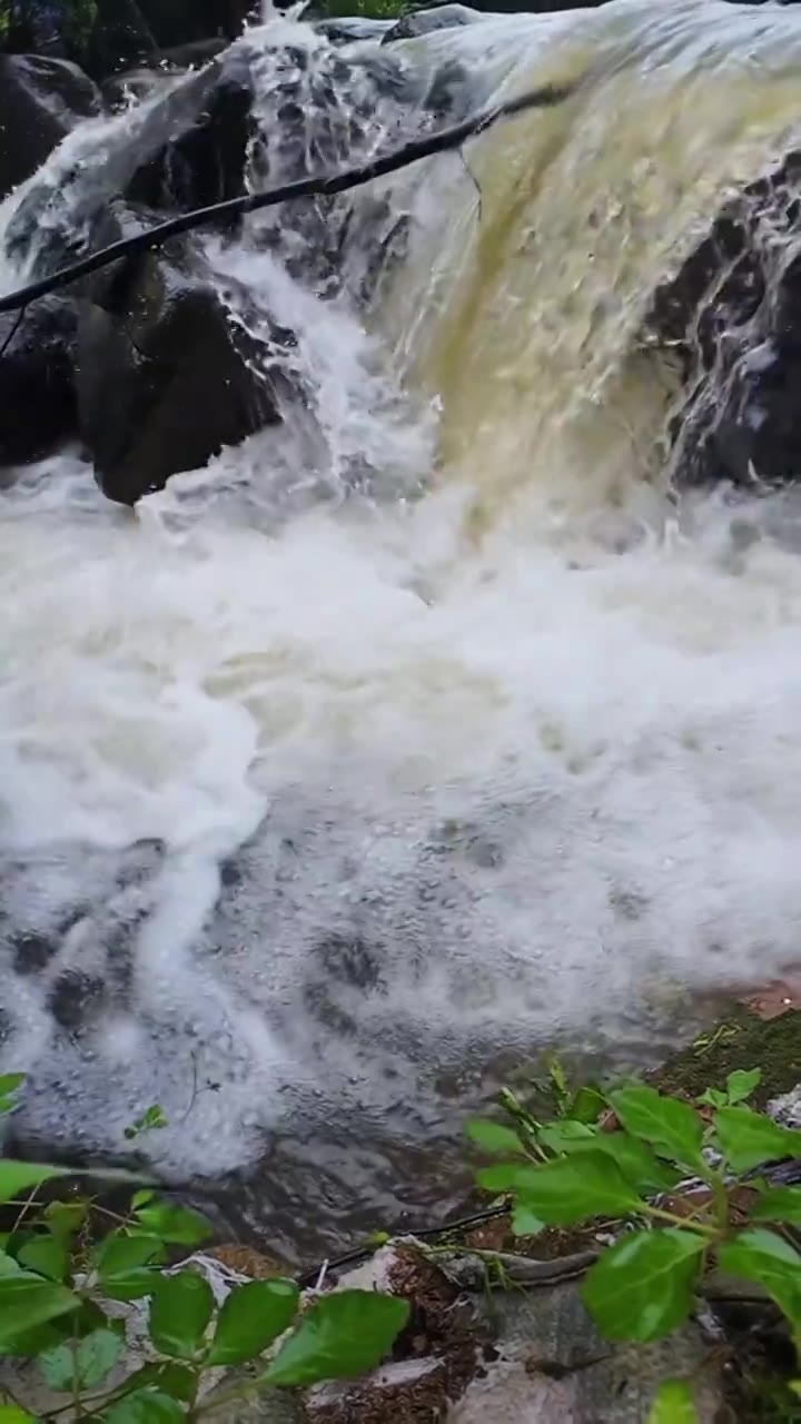 （竖屏）山里瀑布慢镜 浪花溪流 雨水 流动 冲击 冲撞 礁石 夏天 山洪暴发 洪水视频素材