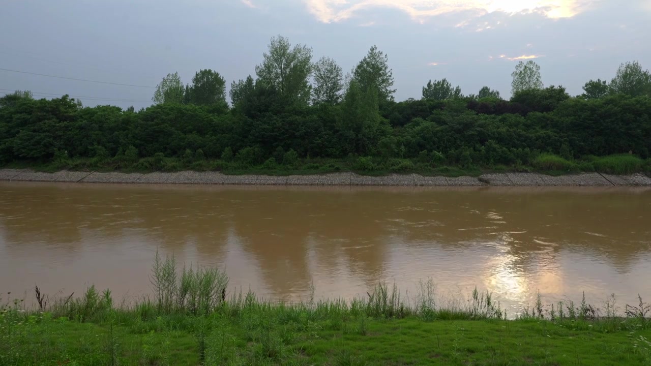 连续多日的雨季让陕西西安境内河流的水位暴涨，清水河变成了混浊的浊水河，河水与岸边的绿色草地视频下载