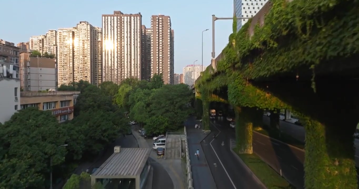 航拍成都二环高架桥城市风光爬山虎长满桥墩视频素材