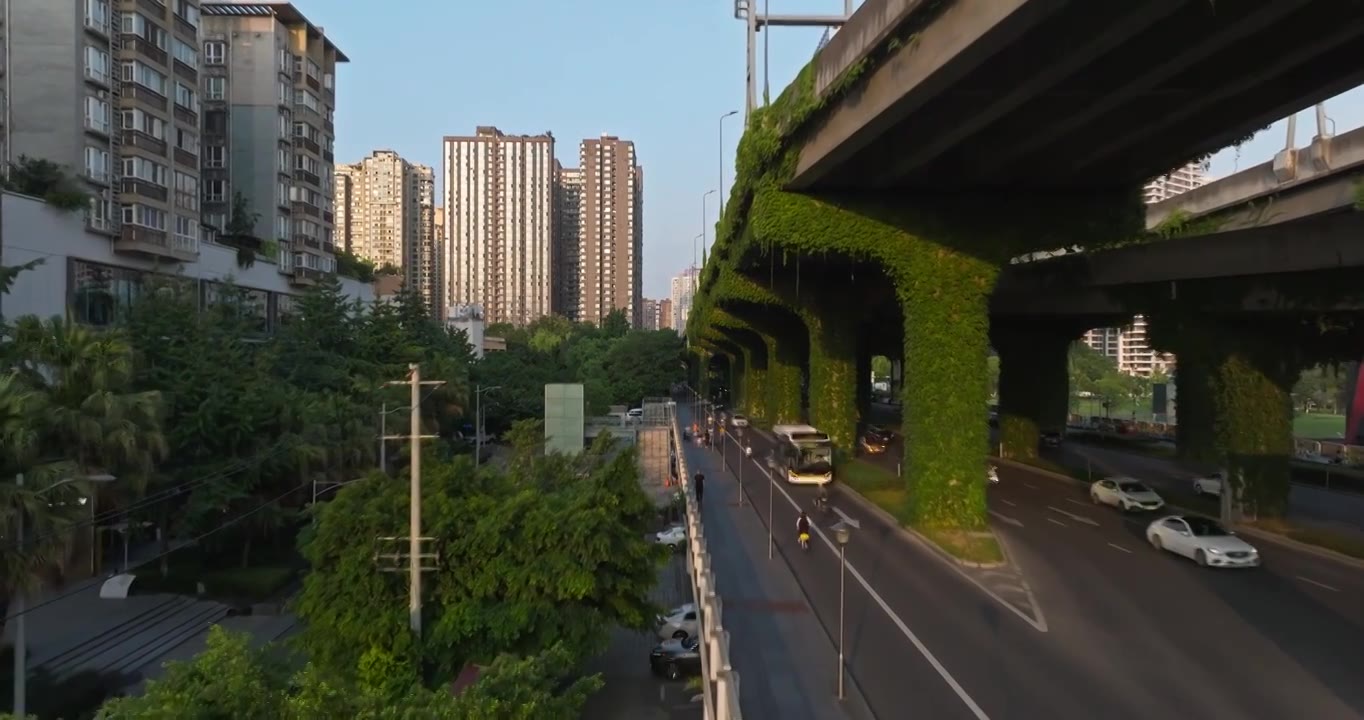 航拍成都二环高架桥城市风光爬山虎长满桥墩视频素材