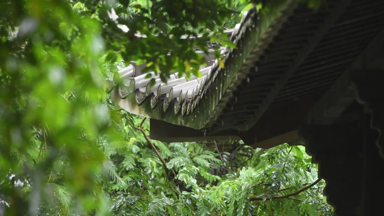 雨天古风建筑屋檐下雨水滴意境视频素材