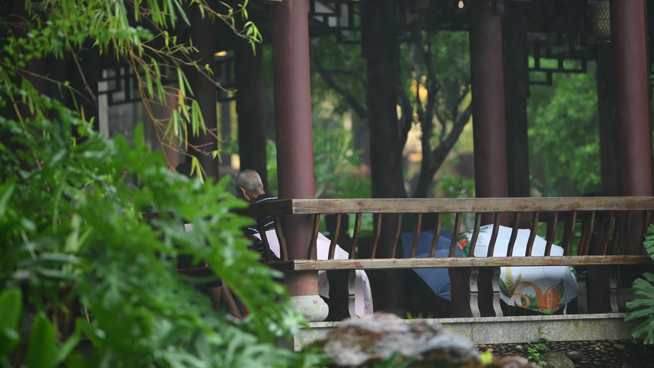 雨中的岭南园林古建筑视频素材