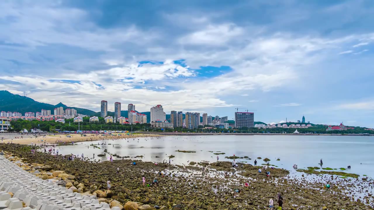 山东烟台海昌渔人码头风景区夏季退潮赶海的游客视频素材