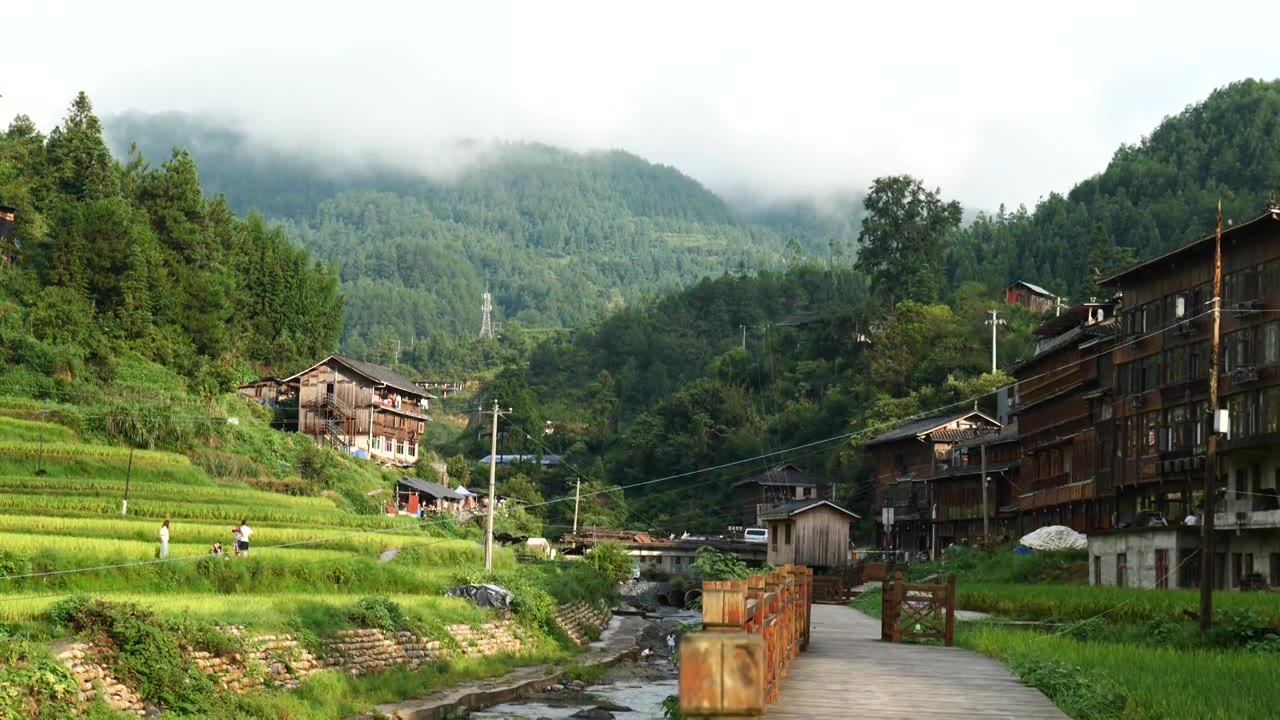 贵州西江千户苗寨|苗族梯田和远山（实拍未调色）视频素材