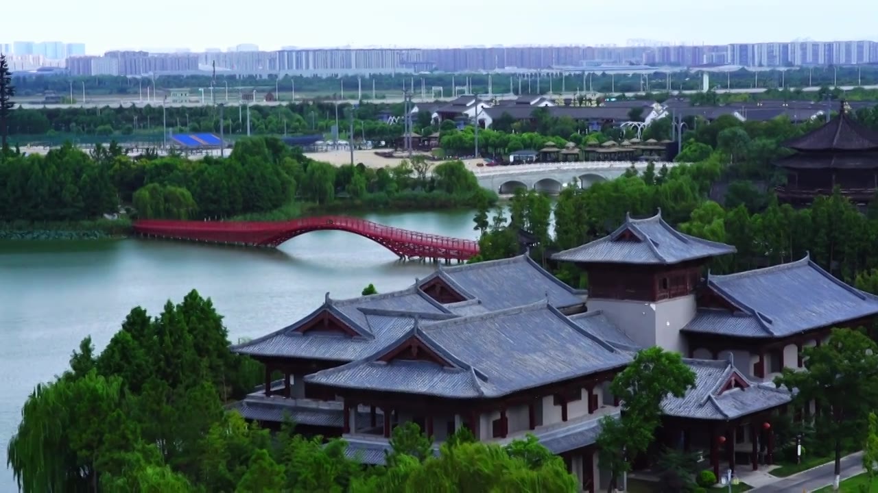 盐城大洋湾登瀛阁鸟瞰建筑湖景视频素材