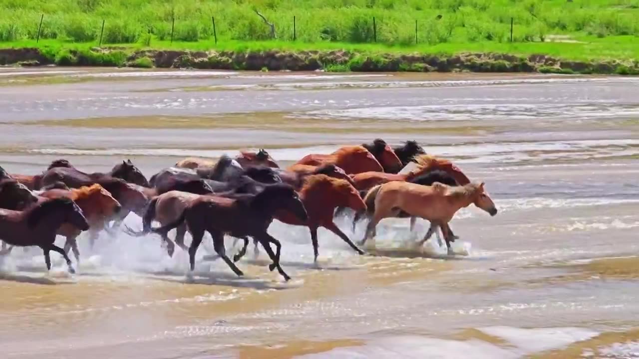 一群马奔腾在浅滩上溅起水花，万马奔腾天马浴河马踏水花在乌兰布统视频下载