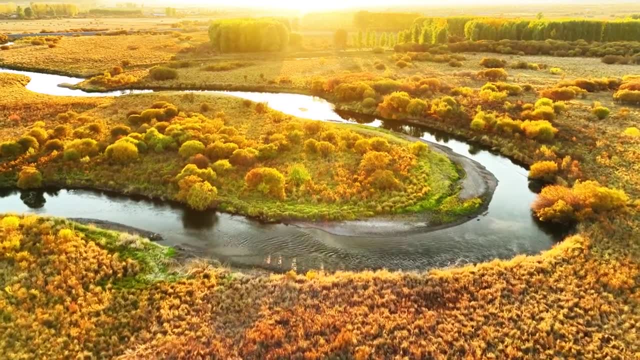 航拍内蒙古扎敦河湿地秋色视频素材画面1