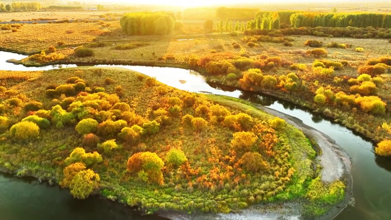 航拍内蒙古扎敦河湿地秋色视频素材画面4