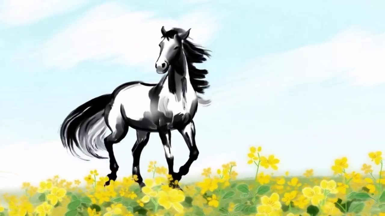 水墨 动画 中国风 手绘 动物 马 骑马 奔马 骏马 马年 生肖 草原视频素材画面1