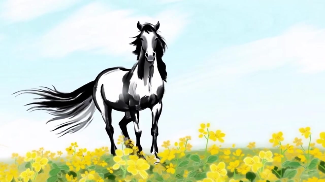 水墨 动画 中国风 手绘 动物 马 骑马 奔马 骏马 马年 生肖 草原视频素材画面3