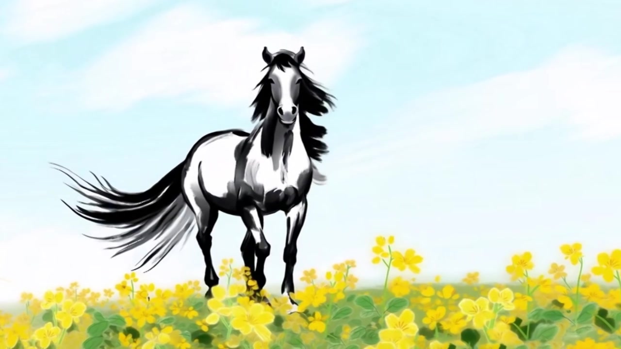 水墨 动画 中国风 手绘 动物 马 骑马 奔马 骏马 马年 生肖 草原视频素材画面4