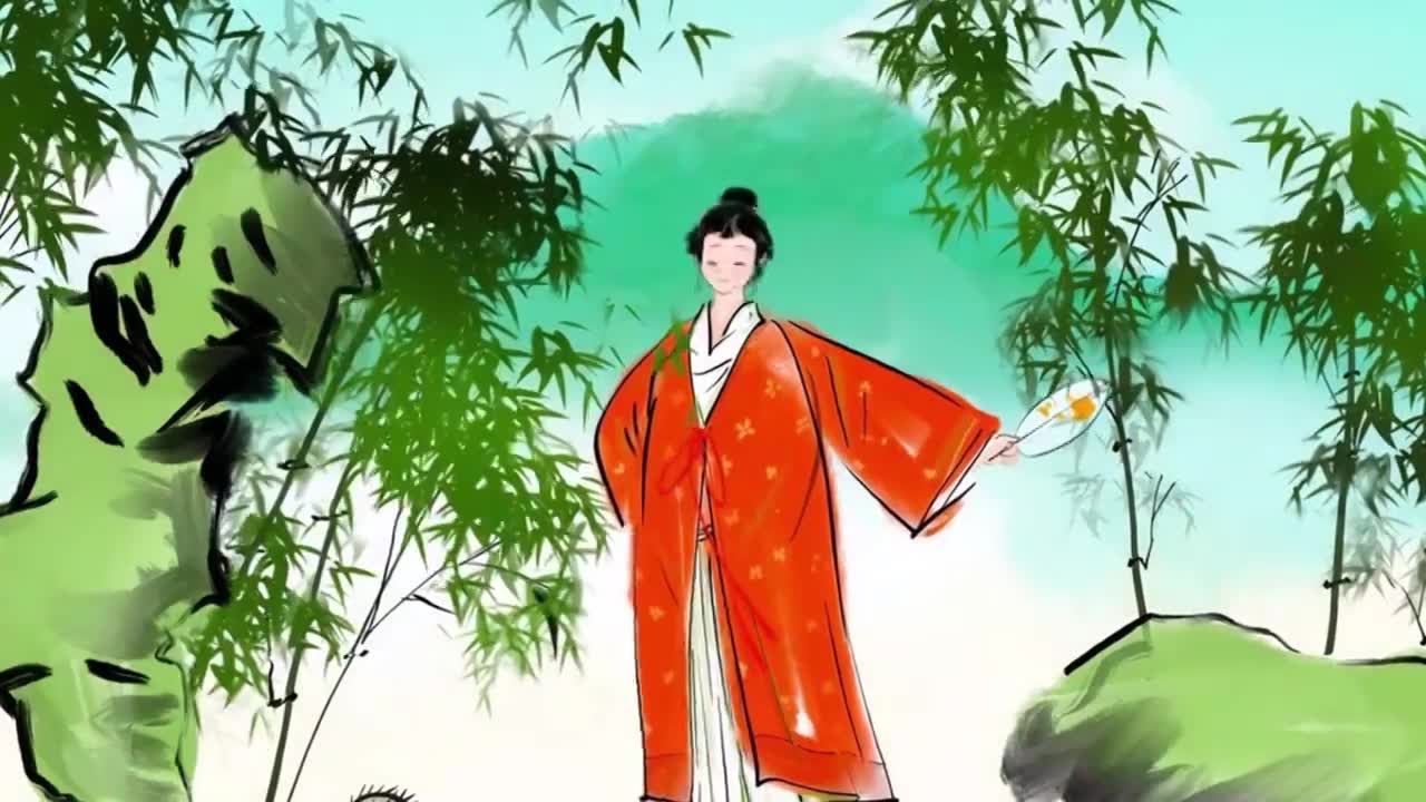 夏天 竹林 竹子 美女 汉服  古代 人物 水墨画 插图视频素材画面1