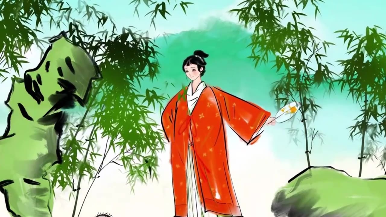 夏天 竹林 竹子 美女 汉服  古代 人物 水墨画 插图视频素材画面3
