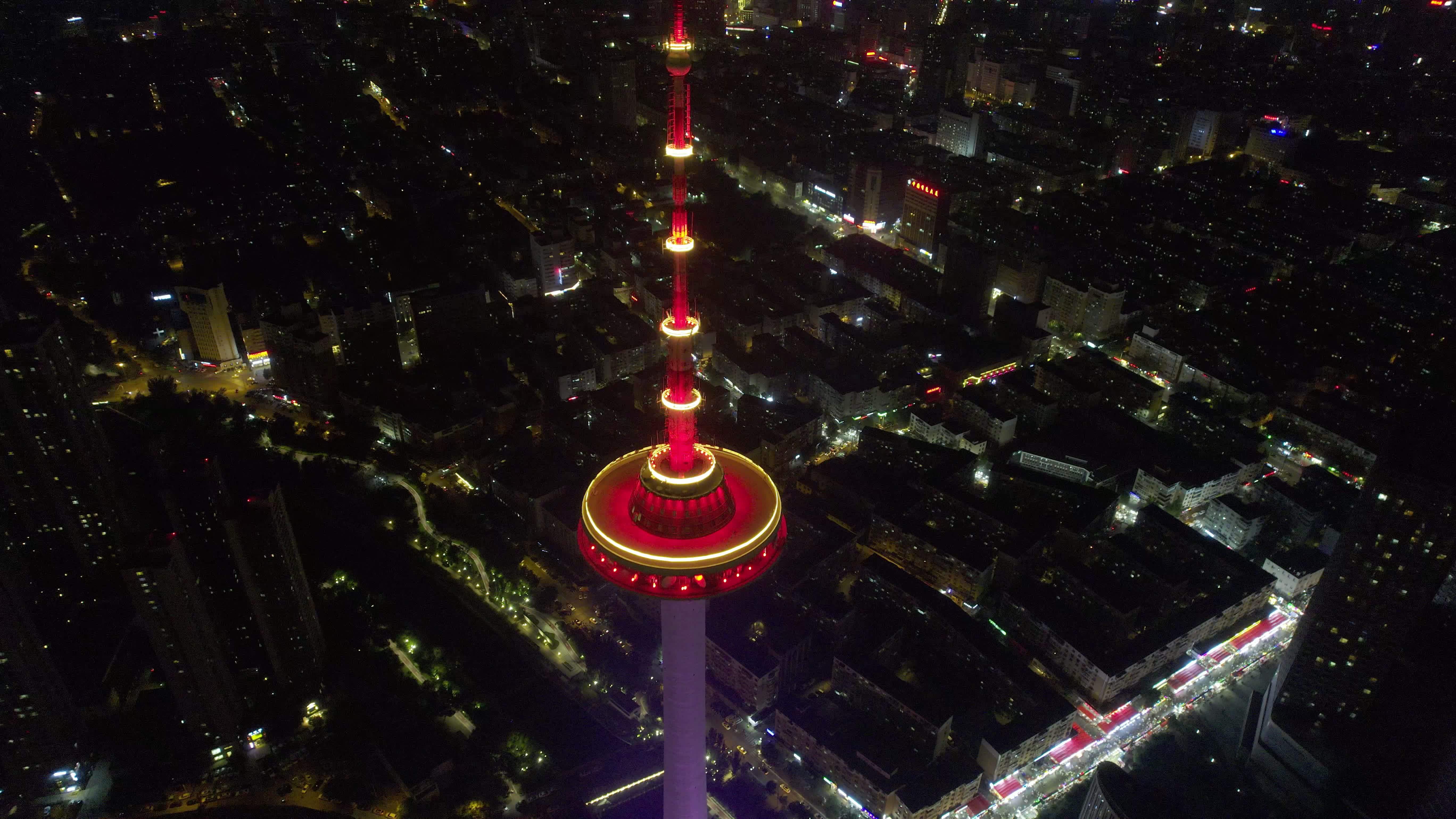 5.4K-沈阳广播电视塔夜景航拍视频素材画面1