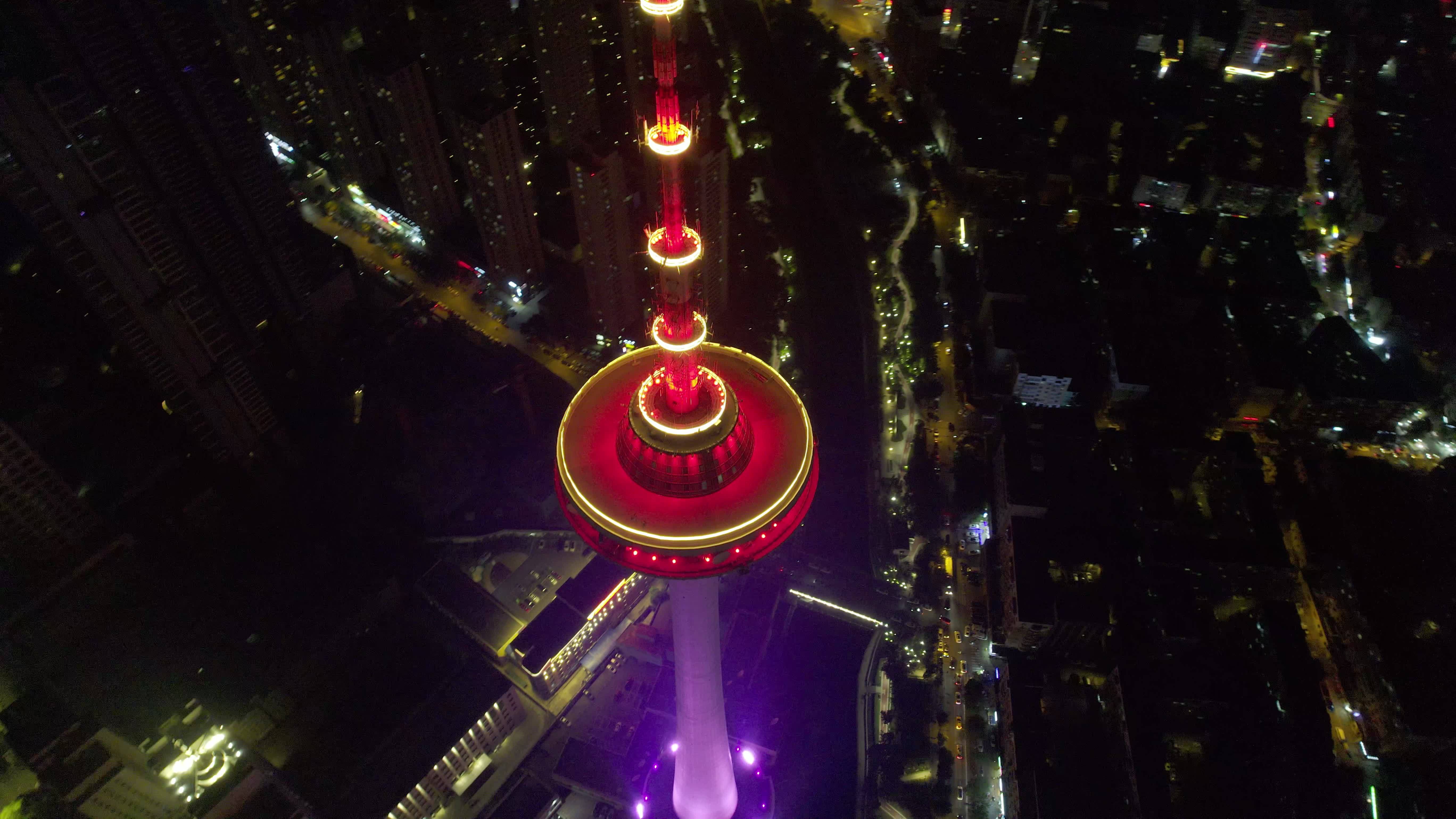 5.4K-沈阳广播电视塔夜景航拍视频素材画面3