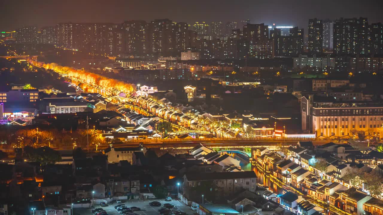 延时-无锡清名桥古运河景区夜景航拍视频素材画面1