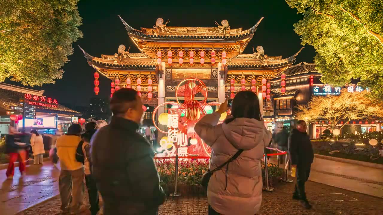 延时-无锡清名桥古运河景区夜景视频素材画面3