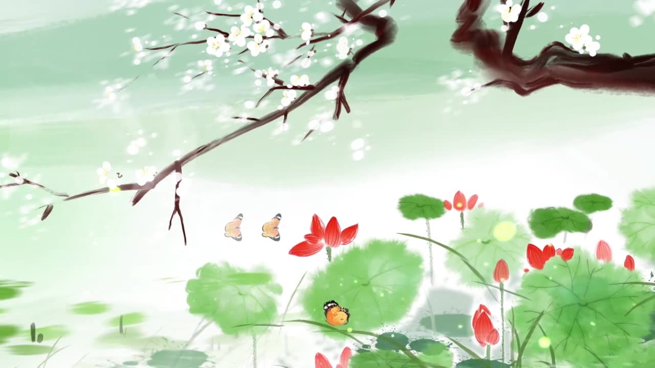 荷花 桃树 蝴蝶 池塘视频素材画面1