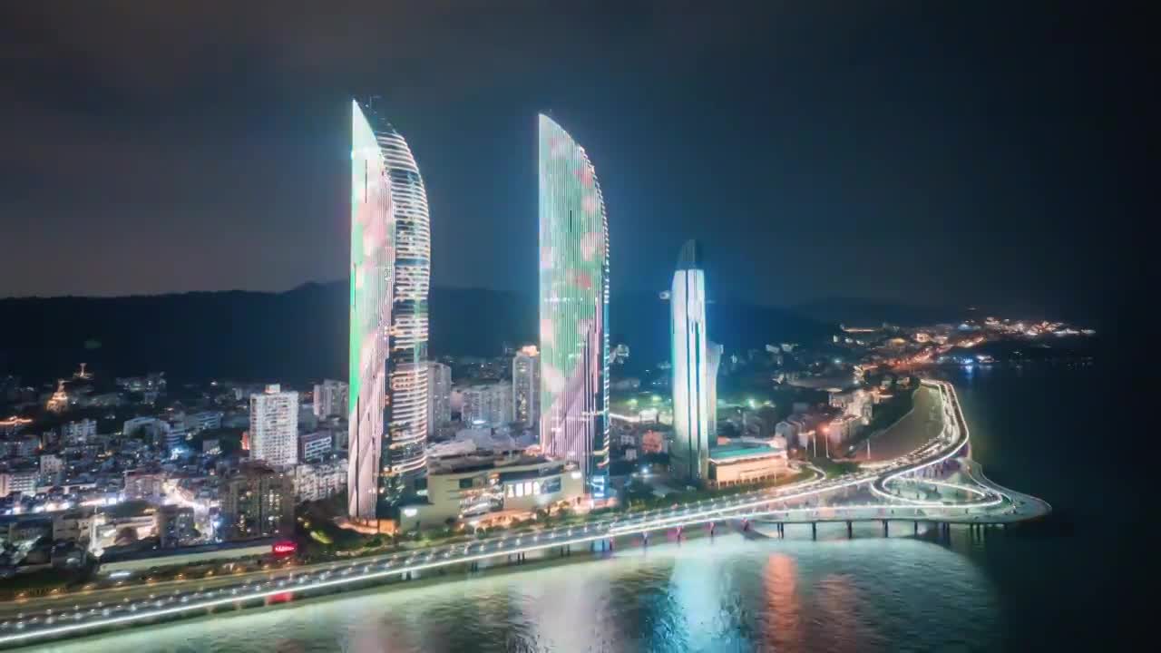 厦门鼓浪屿双子塔鹭江道航拍延时合集视频素材画面4