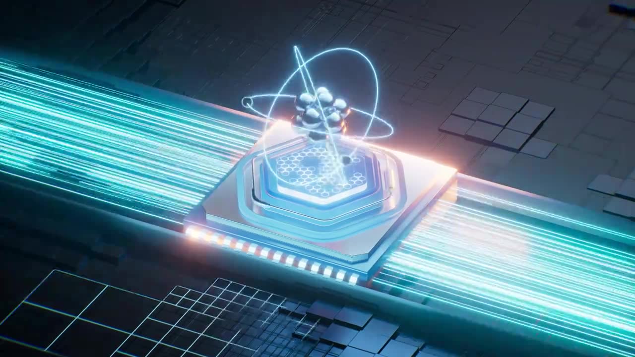 原子模型与电路板芯片三维渲染视频素材画面1