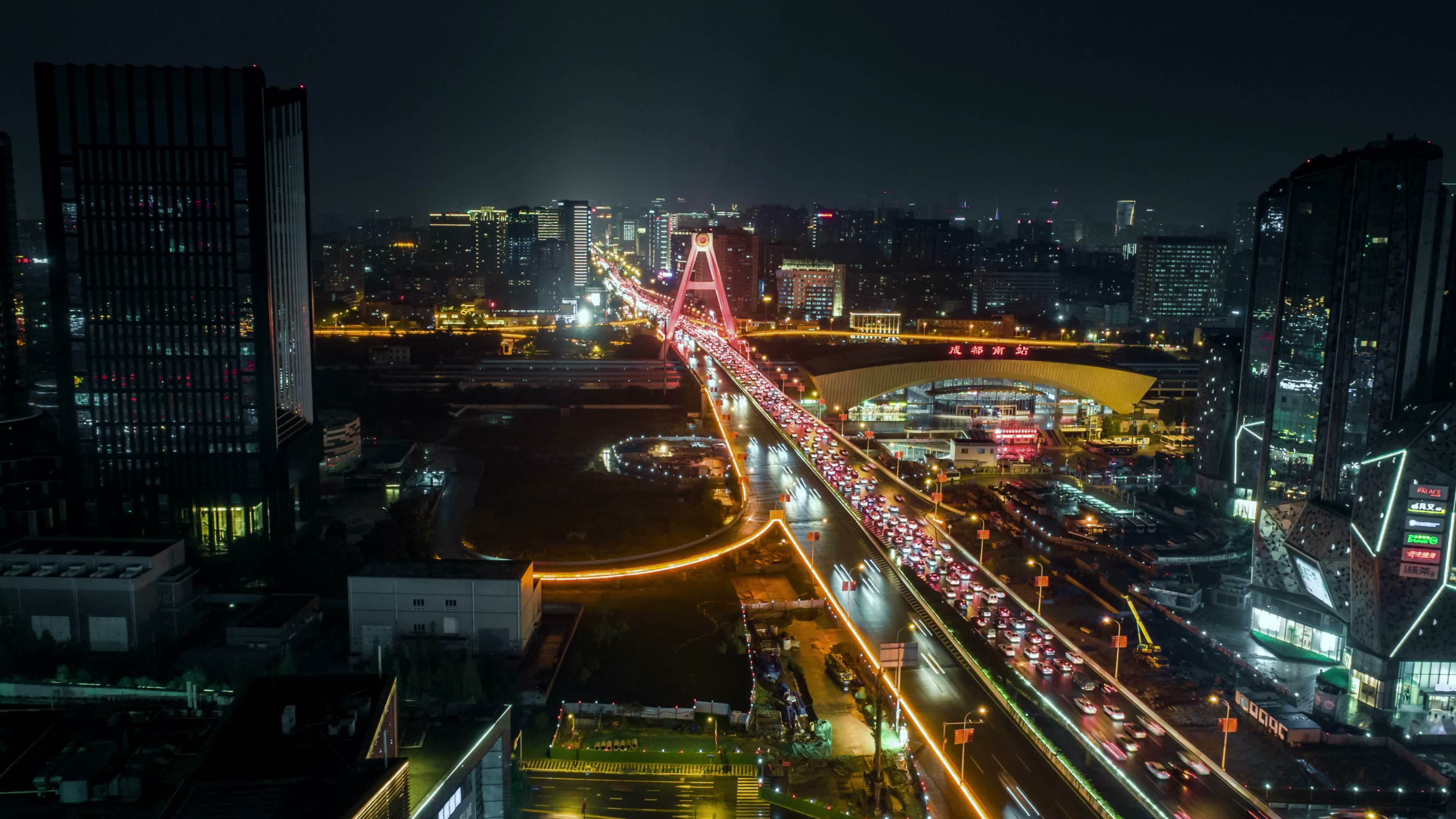 成都天府立交桥夜景航拍延时视频素材画面1
