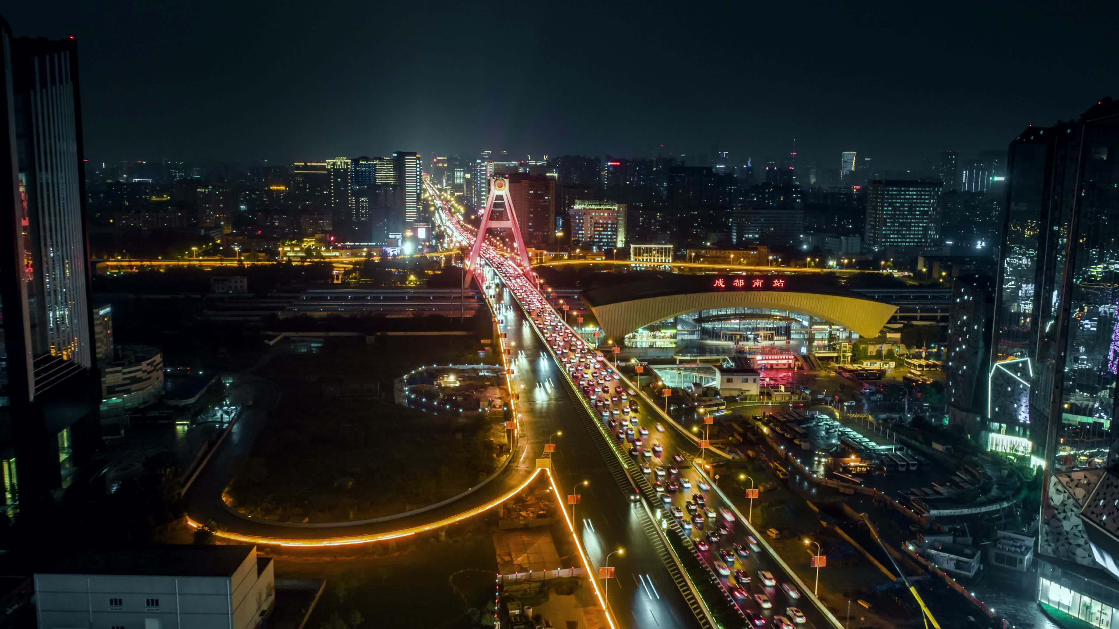 成都天府立交桥夜景航拍延时视频素材画面2