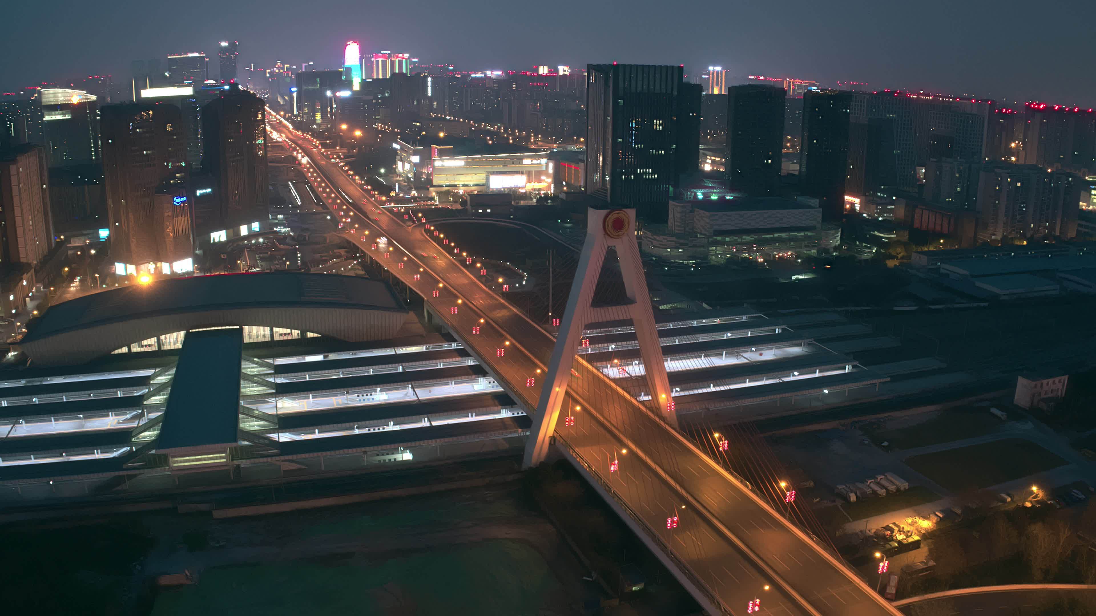 成都天府立交桥夜景航拍延时视频素材画面1