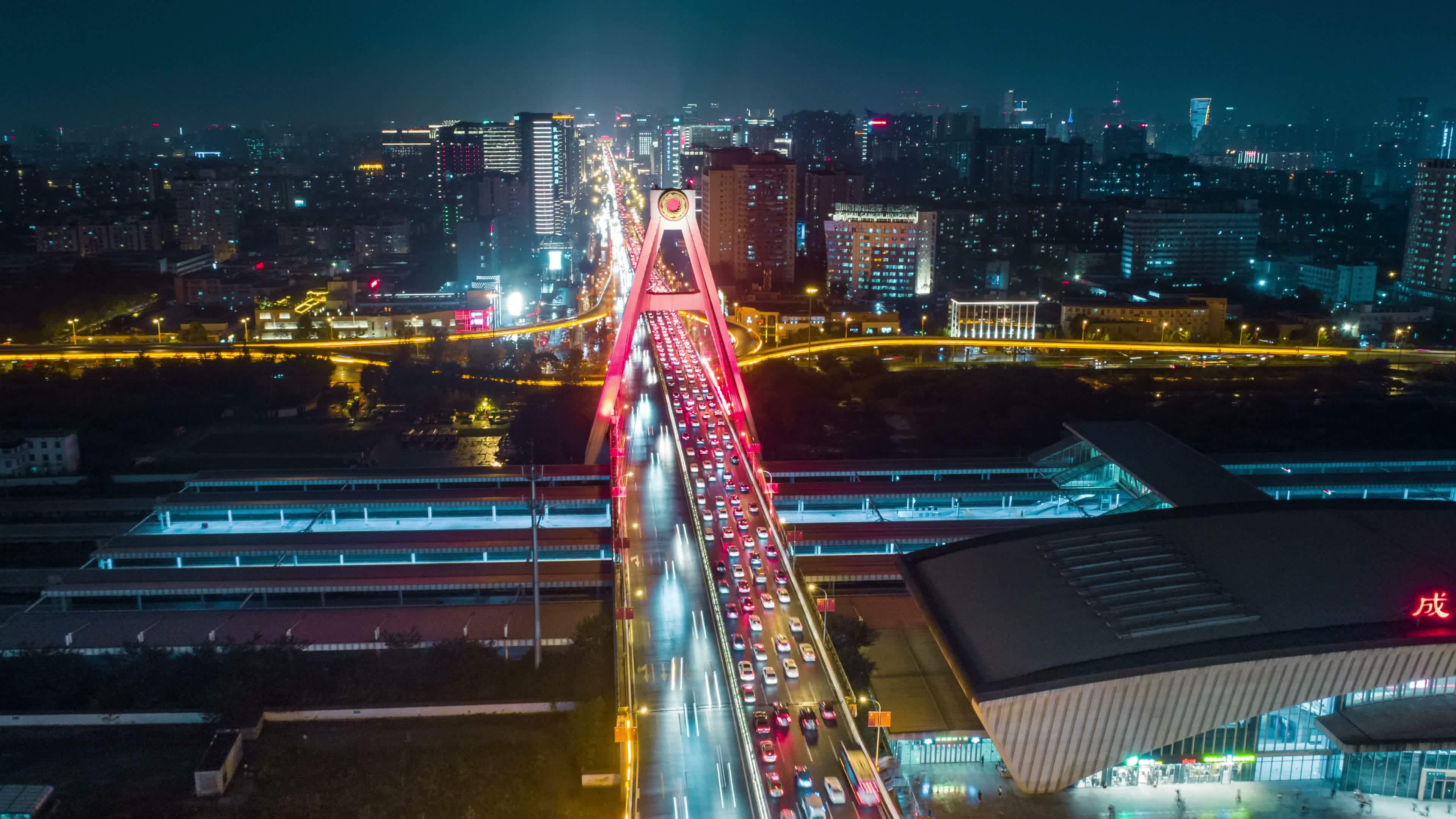 四川成都市天府立交桥夜景航拍延时视频素材画面1