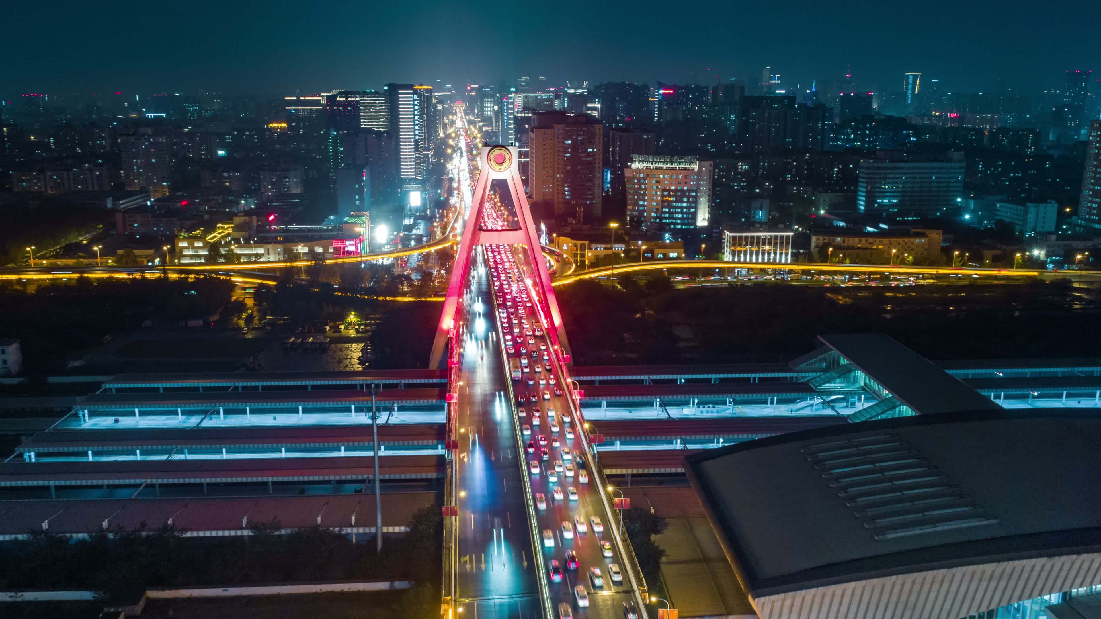 四川成都市天府立交桥夜景航拍延时视频素材画面2