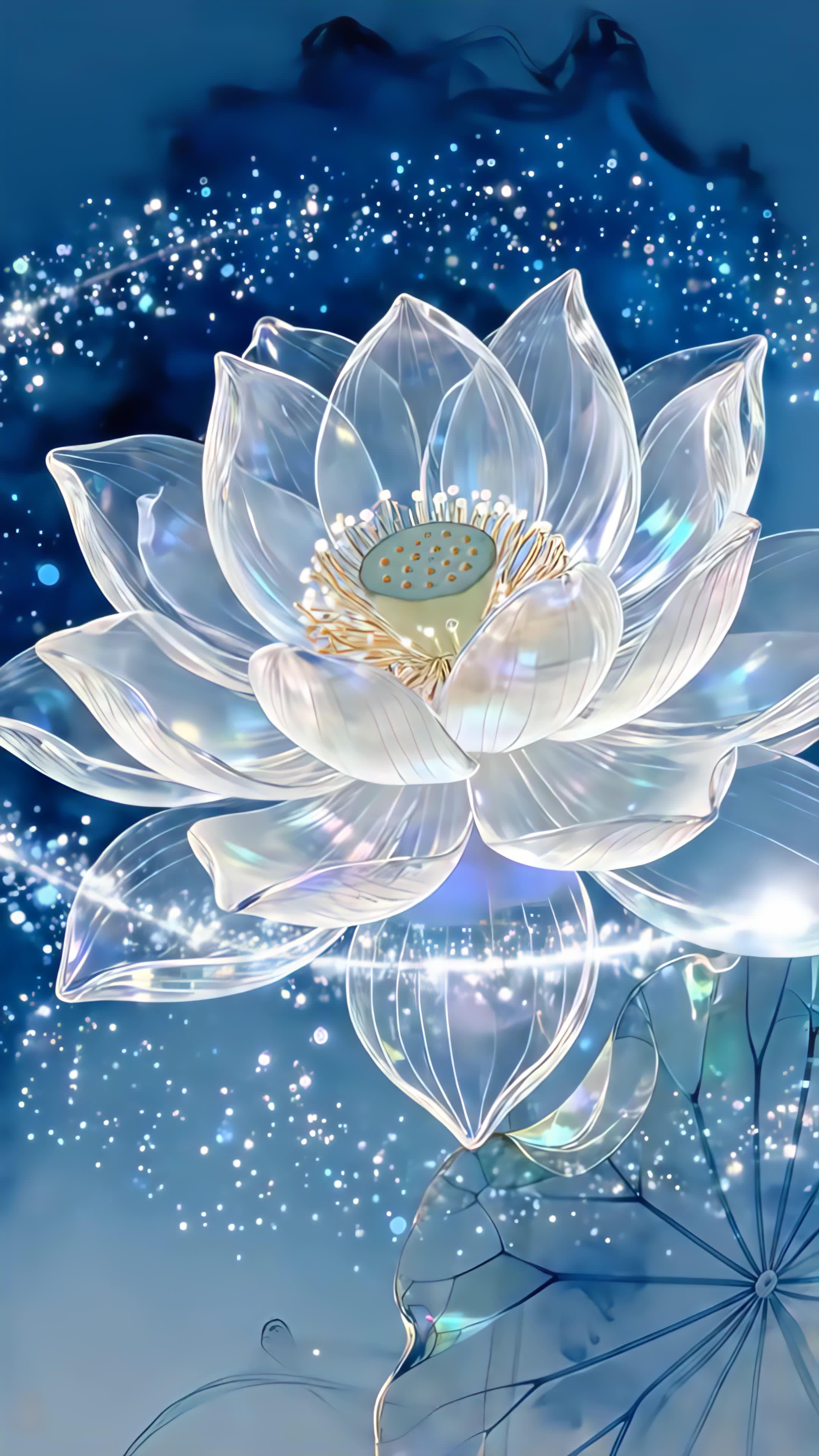 蓝色背景透明水晶琉璃发光花朵动画合集视频素材画面2