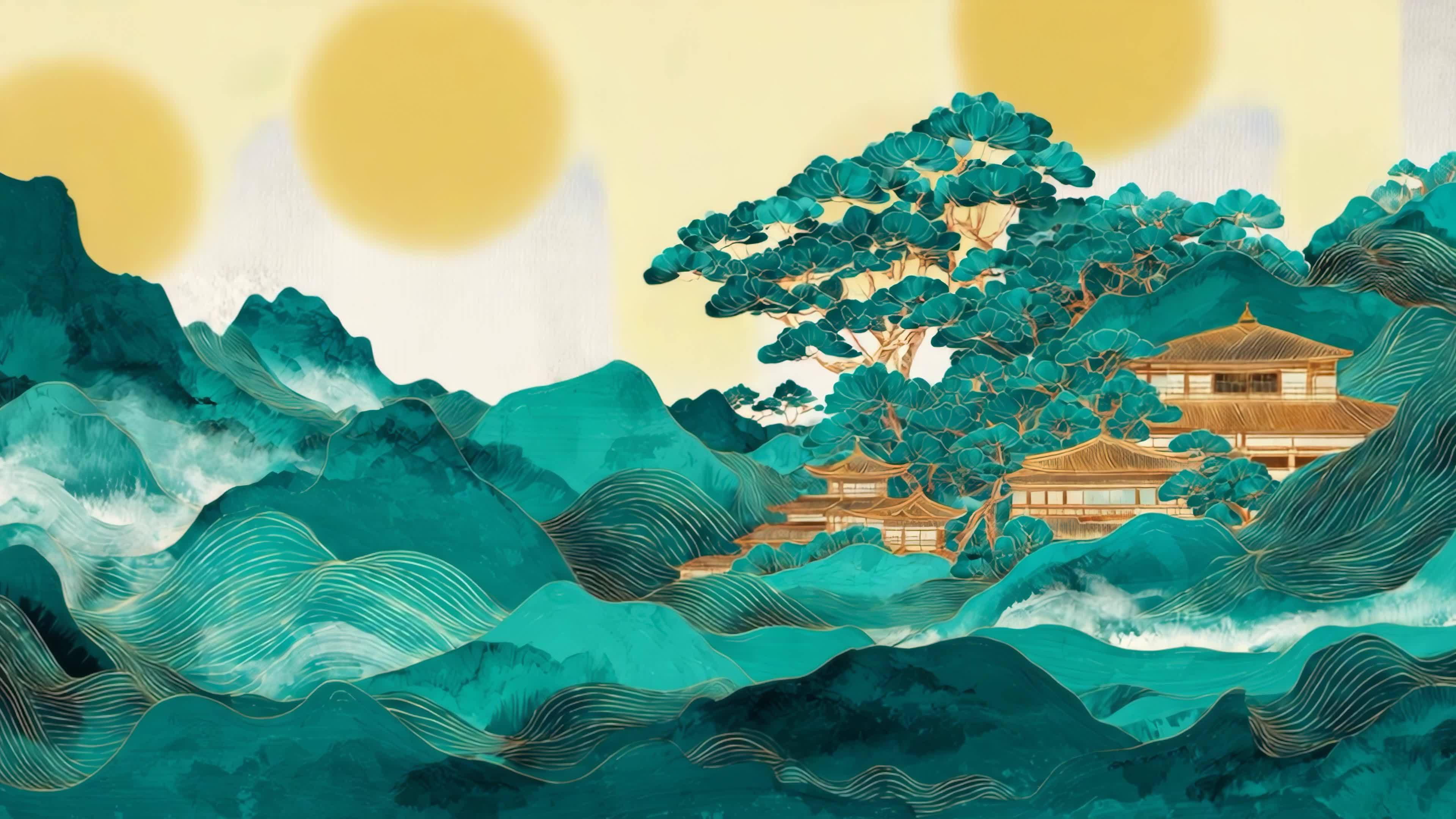 国潮山水动画背景 青绿山水动态画卷视频素材画面1