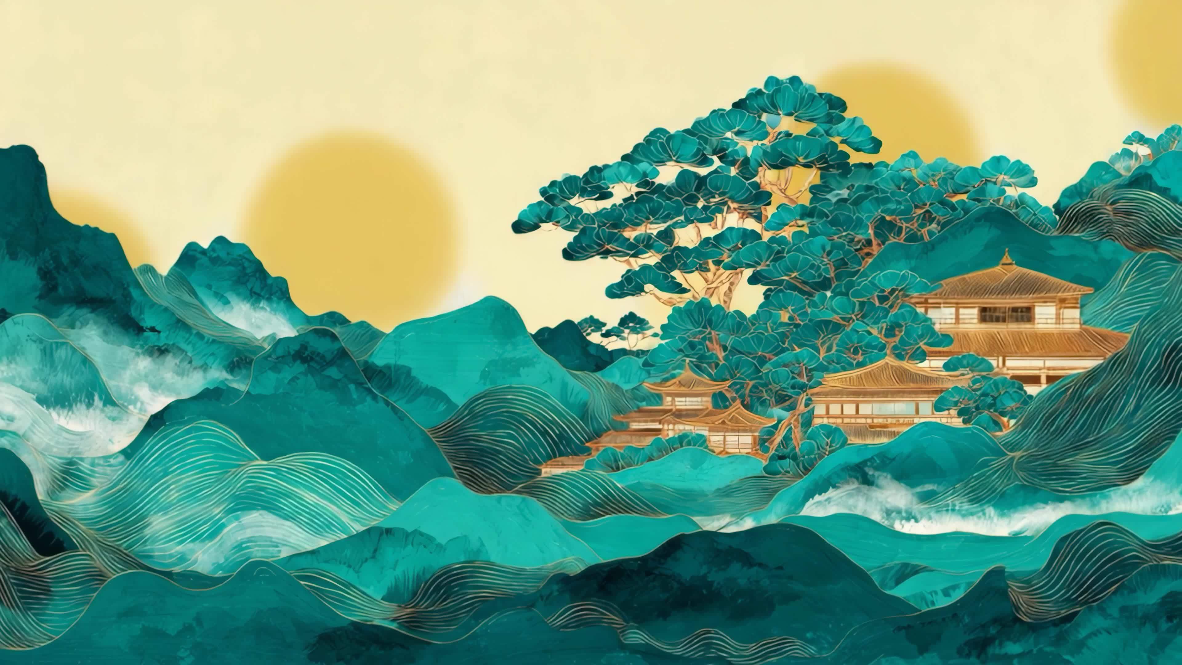 国潮山水动画背景 青绿山水动态画卷视频素材画面2