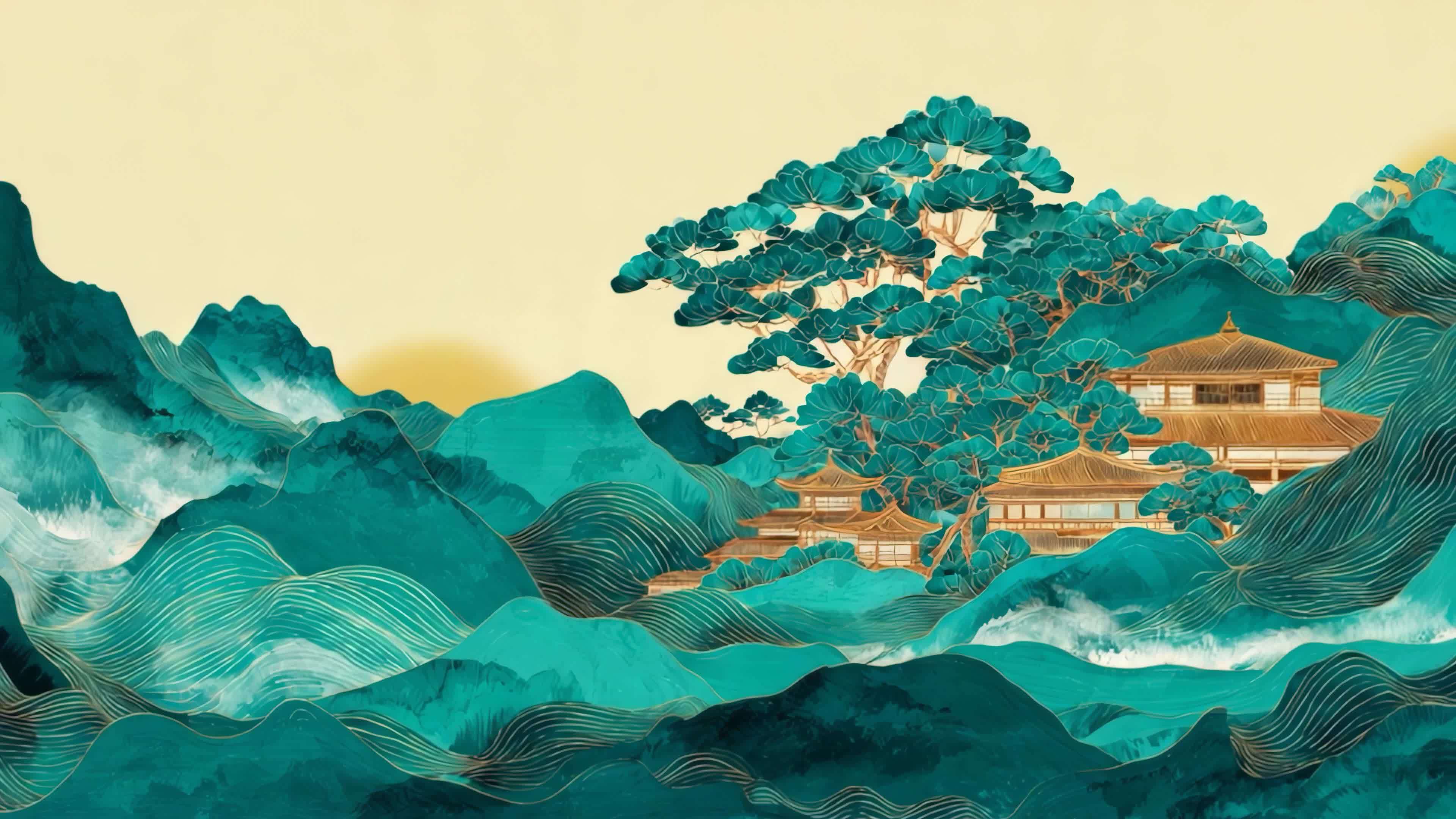 国潮山水动画背景 青绿山水动态画卷视频素材画面3